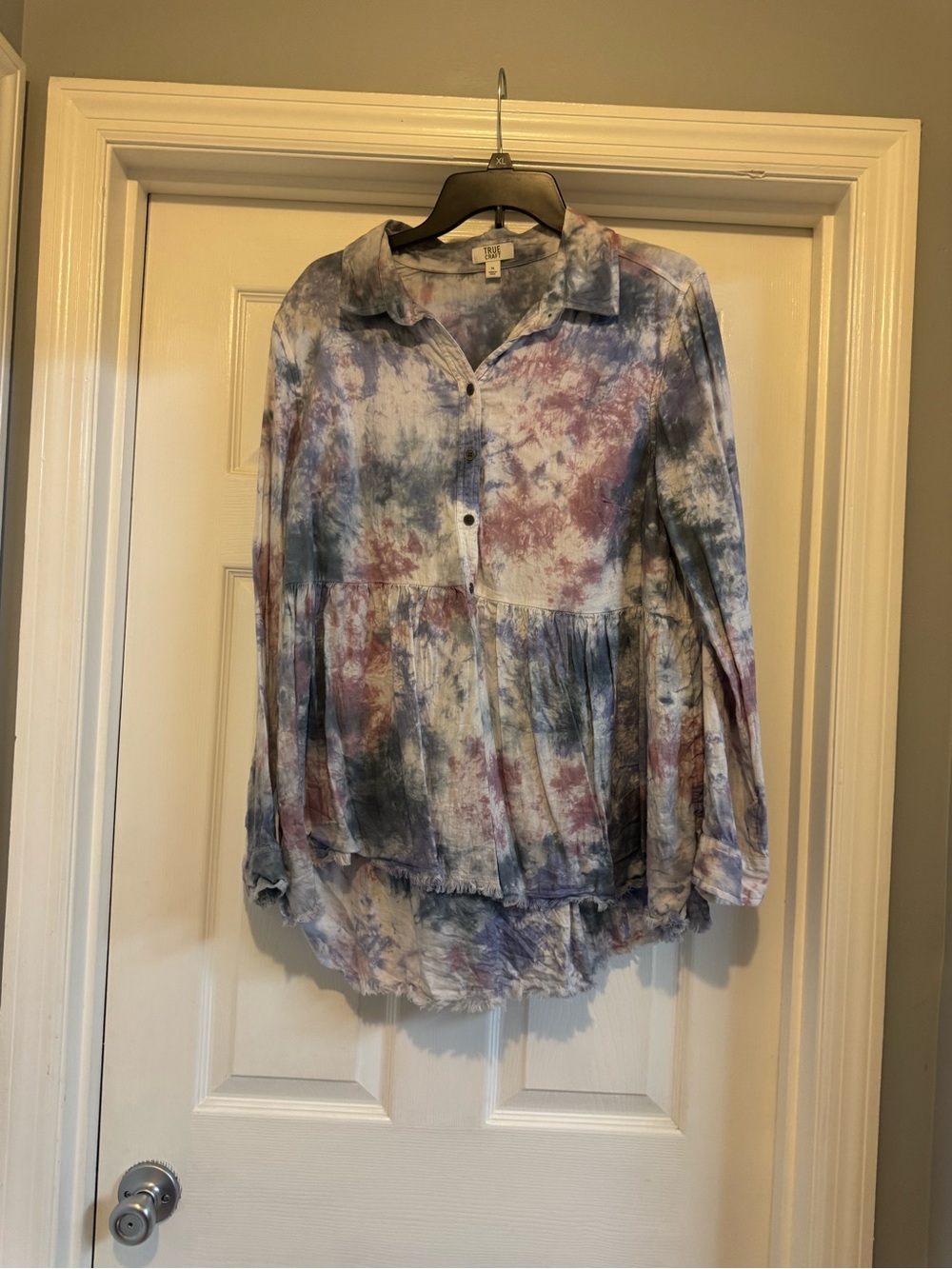 True Craft Tie-Dye Peplum Button Front Tunic - Blue & Mauve